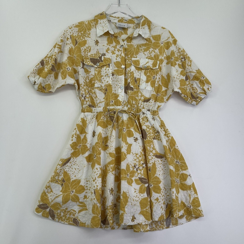Hello Molly Womens Dress Size 2 Yellow Floral Pocket Puff Sleeve Drawstring